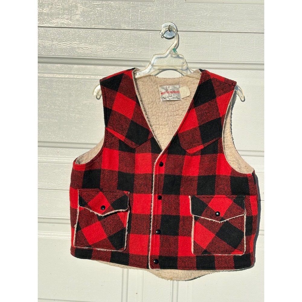 Vintage Weatherguard Mens XL Buffalo Plaid Sherpa Lined Hunting Vest Red Black